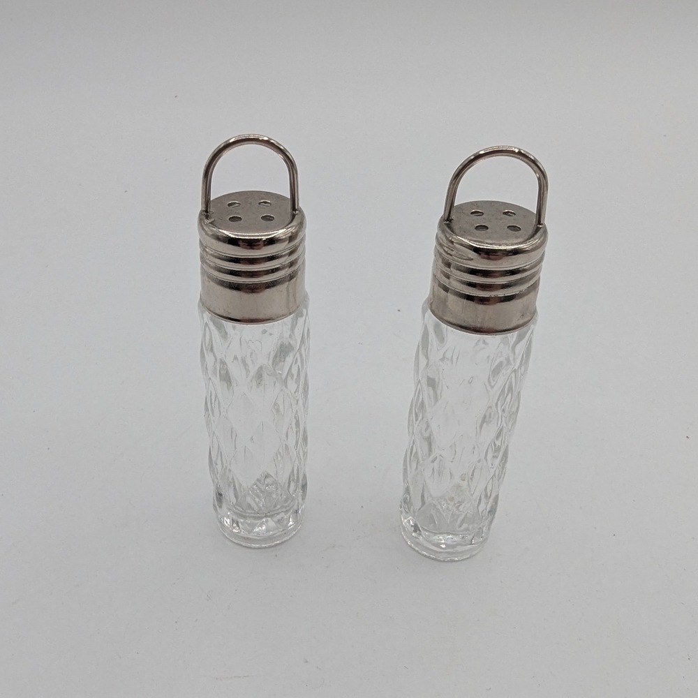 Vintage Clear Pressed Glass Salt/Pepper Shakers Set Silver Metal Handle 3.25"